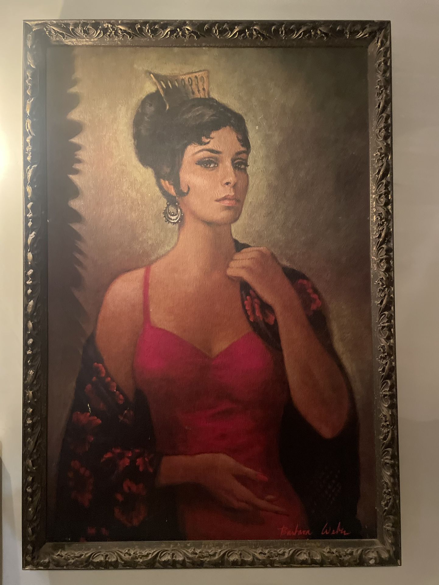 Vintage Huge Mid-Century SPANISH SENORITA "Carmen" Faux Painting/ Print Barbara WEBER