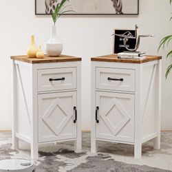 Set of 2 End Table, Modern Farmhouse Sofa Table Rustic Nightstand with Storage Cabinets and Drawers, Side Tables for Living Room, Bedroom, White