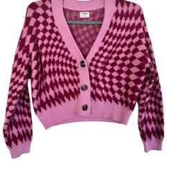 Cotton On Knit Cardigan Fluffy Optical Splice Berry Sz Small  Checkered
