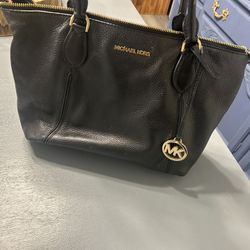 Black Leather, Michael Kors Bag With Gold Accents A Little Wear On The Handles