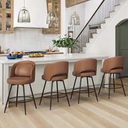 Brown Faux Leather Swivel Bar Stool Metal Frame Bar Chair Counter H8 Bar Stool w/ Removable Cushion Set of 4