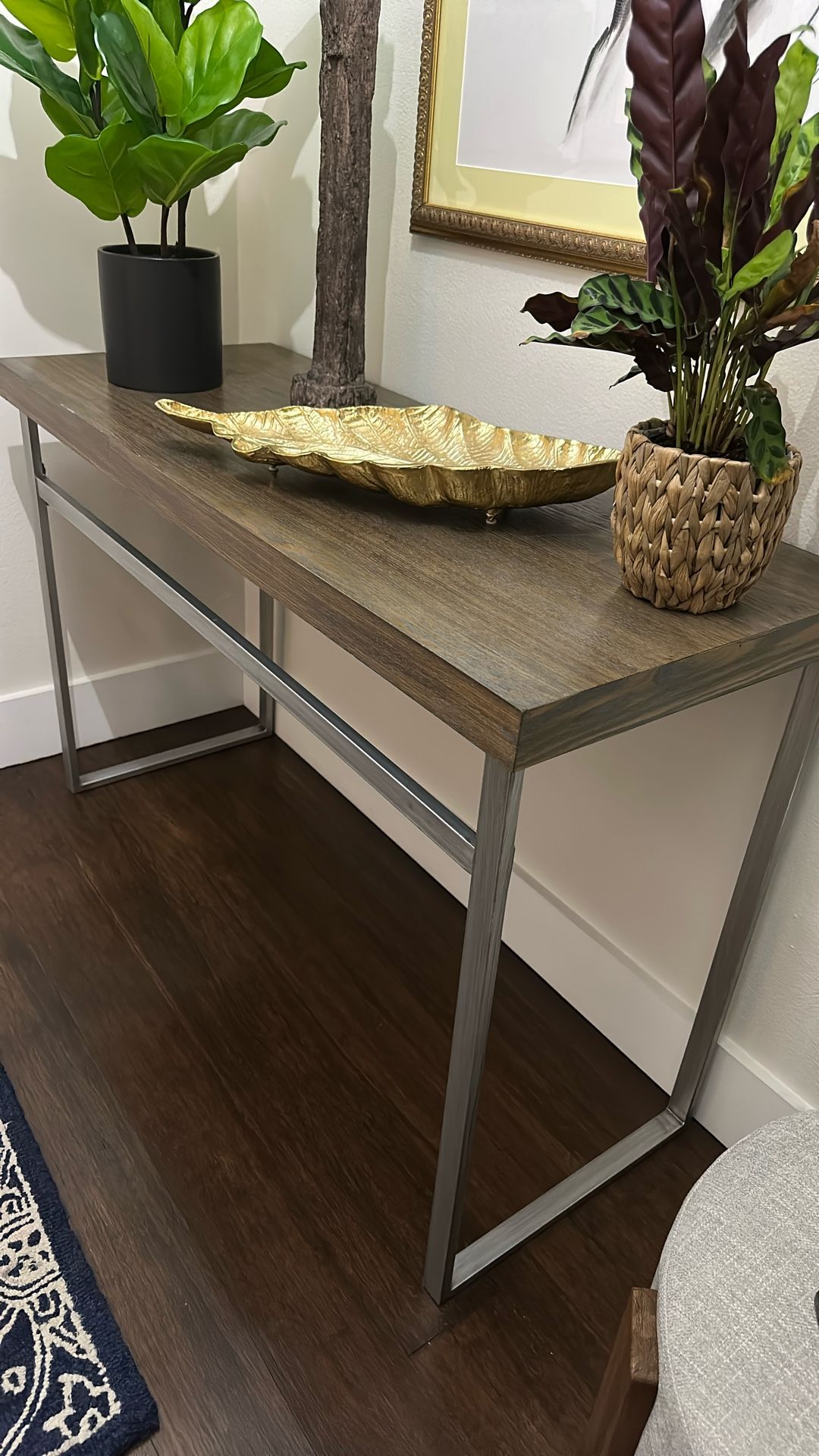 Entry Console Table Faux Wood Top with Brushed Silver Metal Frame.
