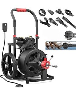 100 ft x 1/2 inch POPULO Auto Feed Electric Drain Snake Auger for 2 to 4 Inch Pipes, Sewer Plumbing Snake Auger, Heavy Duty Drain Cleaner Machine with