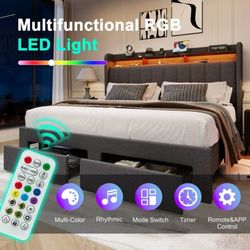 King Size Platform Bed Frame with 2-Tier LED Storage Velvet Wingback Headboard &