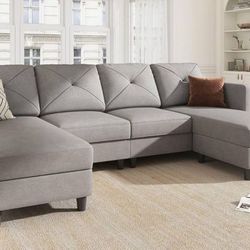 HONBAY U Shaped Sectional Couch Convertible Sectional Couch with Double Chaise 4 Seat Sectional Sofa for Living Room, Light Grey 