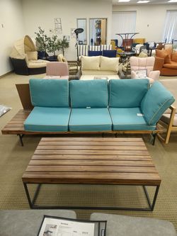 Outdoor Patio Sofa Set – Wood and Metal Couch with Coffee Table – Turquoise Cushion Seating