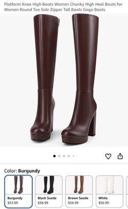New burgundy platform knee high boots with chunky heel size 9