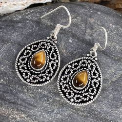 Dainty Teardrop Natural Tiger’s Eye Silver 1.3” Earrings