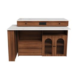 Kitchen Island with Extendable & Rotating Table, MDF with Walnut Veneer Retro Design, 4 Drawers & Glass Door Cabinets with Built-in Socket, Expandable