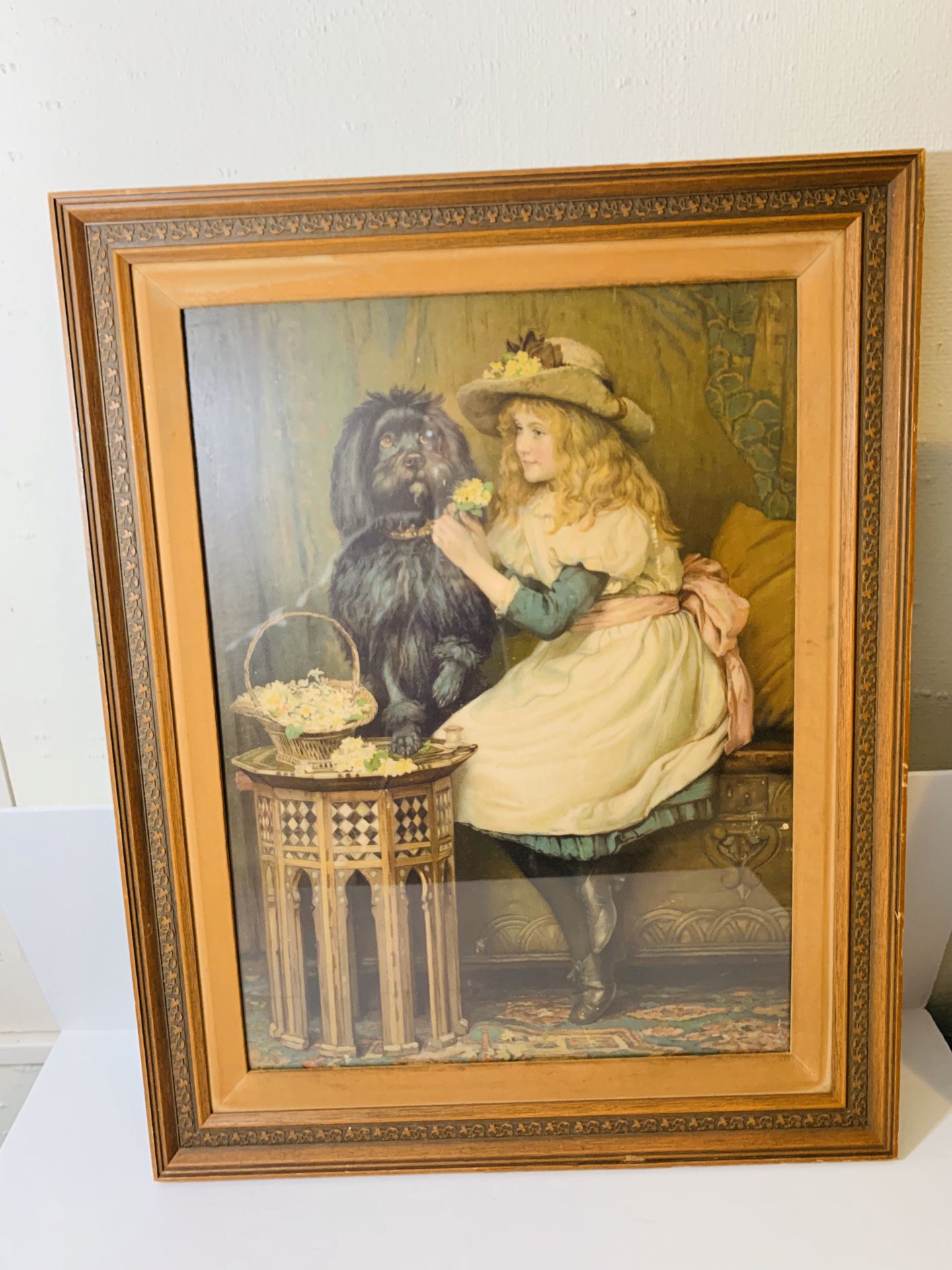 Vintage “ Little Girl with Puppy “ Wood & Glass Frame Wall Art Decor
