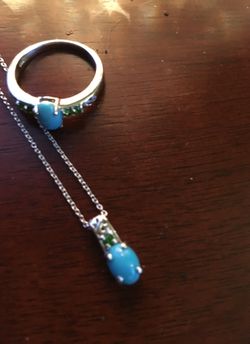 One time only deal!! Arizona sleeping beauty turquoise and Russian chrome diopside!! Ring, pendant and chain!!!