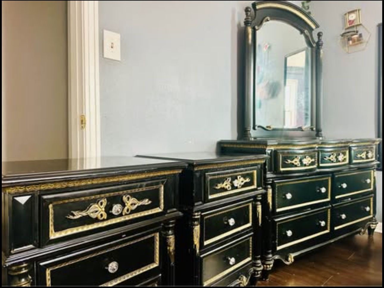Full bedroom set/moving sale Luxury Baroque Bed Frame, Black and Gold