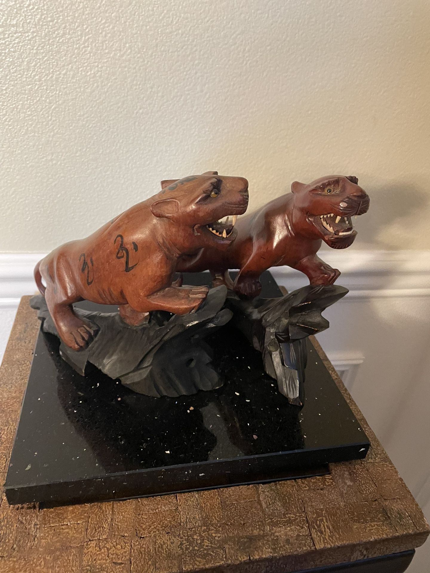 Pair of Antique Carved Wooden Chinese Tiger Figurine with Inlaid Teeth and Eyes 8”x7”