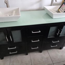60" Vanity Cabinet with Glass Double Sink Top and Mirrors