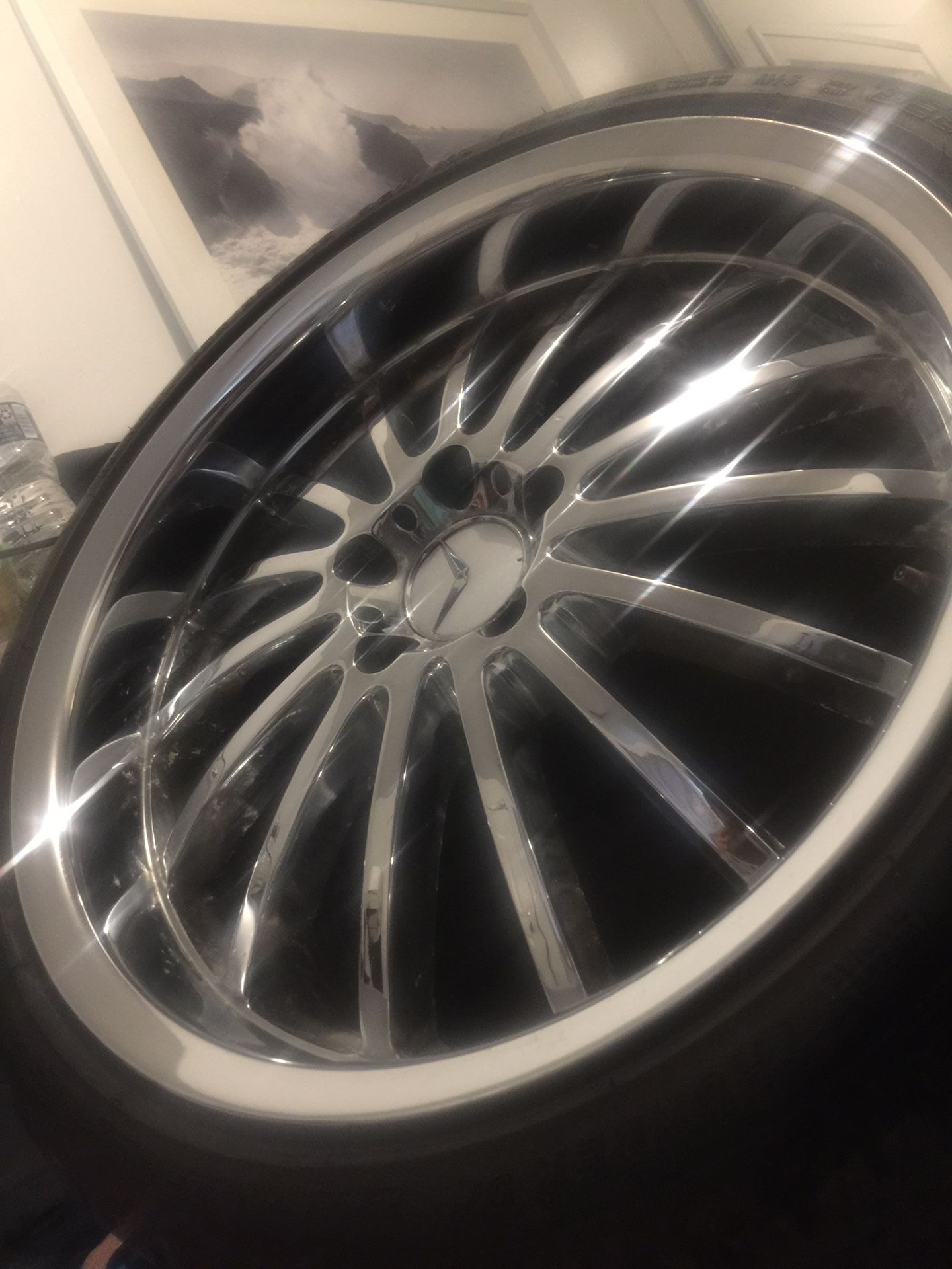19 inch deep dish chrome rims and tires. Fit German cars and many others. Priced to sell