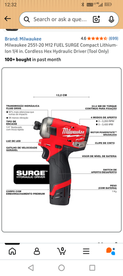 Milwaukee 2551-20 M12 FUEL SURGE Compact Lithium-Ion 1/4 in. Cordless Hex Hydraulic Driver (Tool Only)