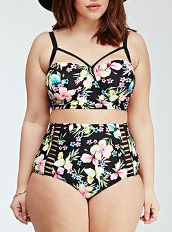 Two Piece Swimsuit - Exotic Floral Pattern / Dual Halter Straps / Padded Top