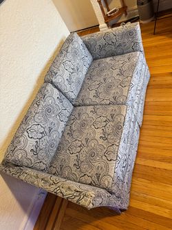 Antique Blue & Cream paisley upholstered couches