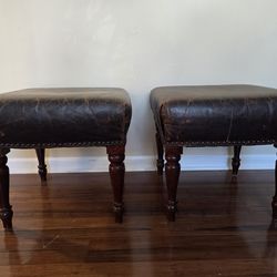 Pair of Vintage Embossed Leather Ottomans – Distressed Brown – Solid Wood Legs