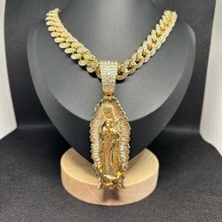 Hip Hop Guadalupe Mother Mary Pendant & 20" Cubic Zirconia Cuban Chain Necklace