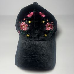 Black Velvet Baseball Cap with Pink Floral Embroidery Adjustable Women’s Hat