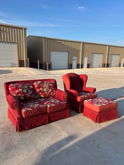 Beautiful Red Floral Design Loveseat & Armchair Set