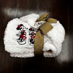 DISNEY STORE MICKEY & MINNIE HOLIDAY FLEECE BLANKET Reversible Throw 50 x 60 NEW