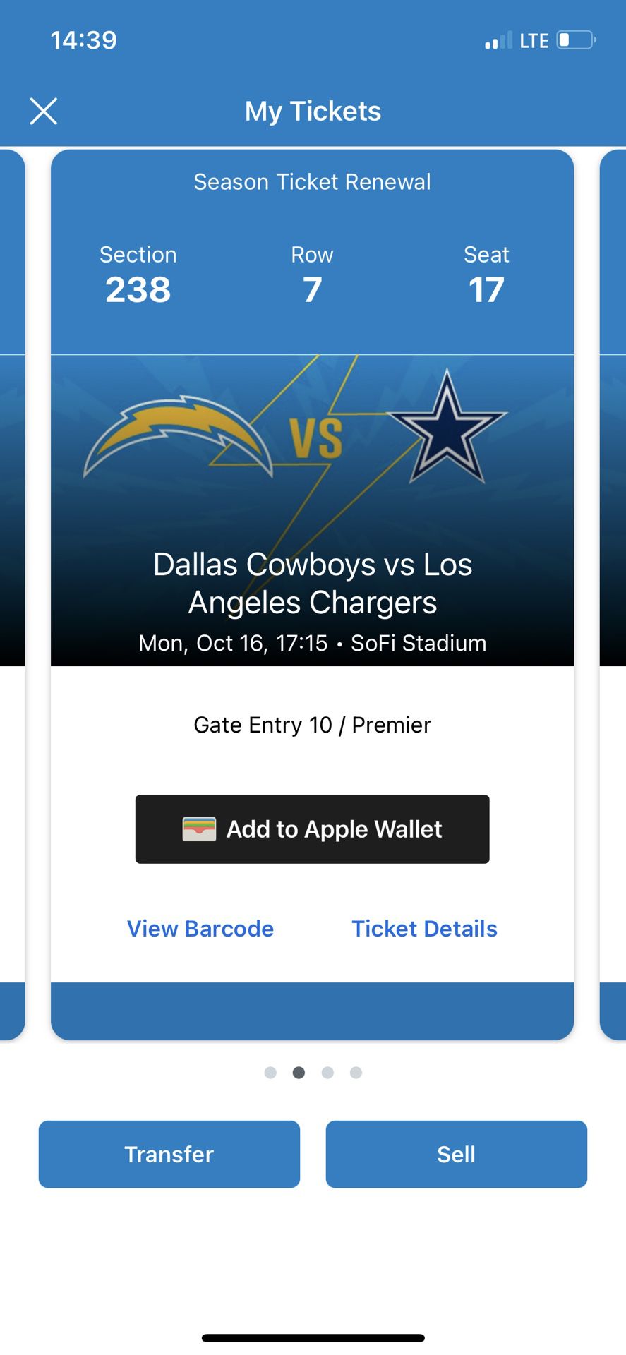 Los Angeles Chargers v. Dallas Cowboys Tix (Club Level Access)