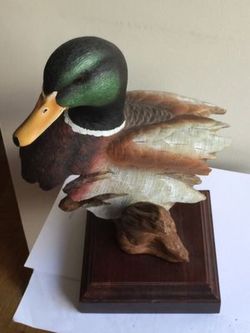 Ceramic Large Duck Statue on Wood Stand