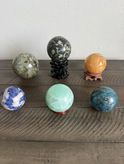 Large Natural Stone Crystal Sphere Set 6pc Jasper Calcite Sodalite Display