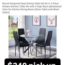 Round Tempered Glass Dining Table Set for 4, 5-Piece Modern Kitchen Table Set with 4 High-Back Upholstered Chair for Kitchen Dining Room (Silver Table