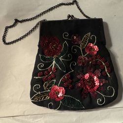 Vintage  Linea Pelle by Myra K. black beaded sequin floral evening bag 