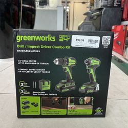 NEW GREENWORKS DRILL/IMPACT DRIVER COMBO KIT 24v 