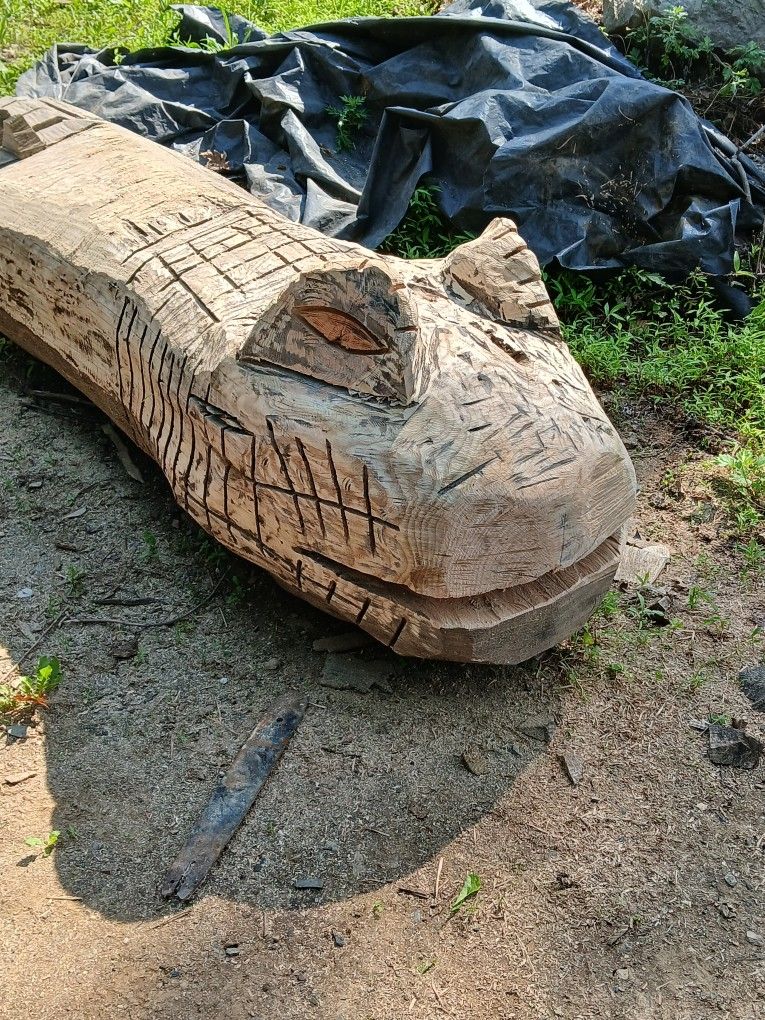 Large Wooden Carved Honey Locast Dinasour, Yard Dec