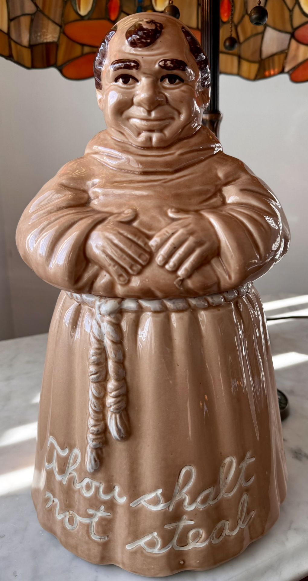 Vintage Ceramic Monk Thou Shalt Not Steal Cookie Jar