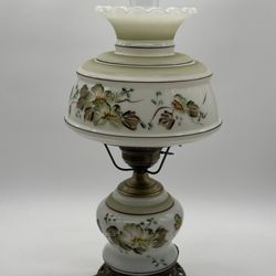 Vintage Milk Glass Painted Flowers Hurricane Parlor Brass Table Lamp