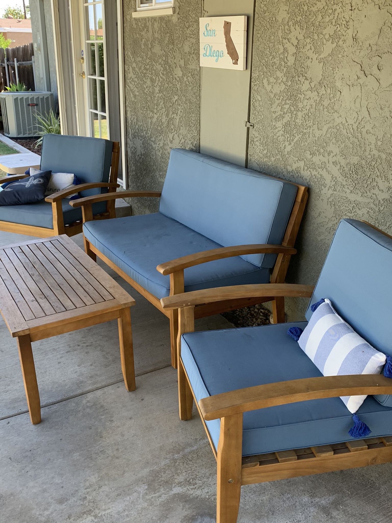 Beautiful Wooden Patio Chairs, Cushions & Table