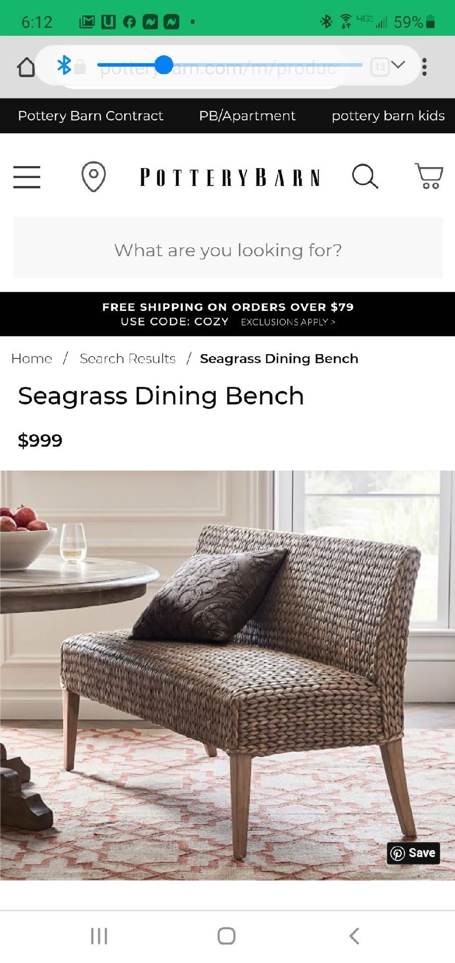 Pottery Barn Seagrass Dining Bench