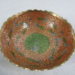Asian Peacock Enamel Scalloped Brass MCM Vintage Pedestal Bowl
