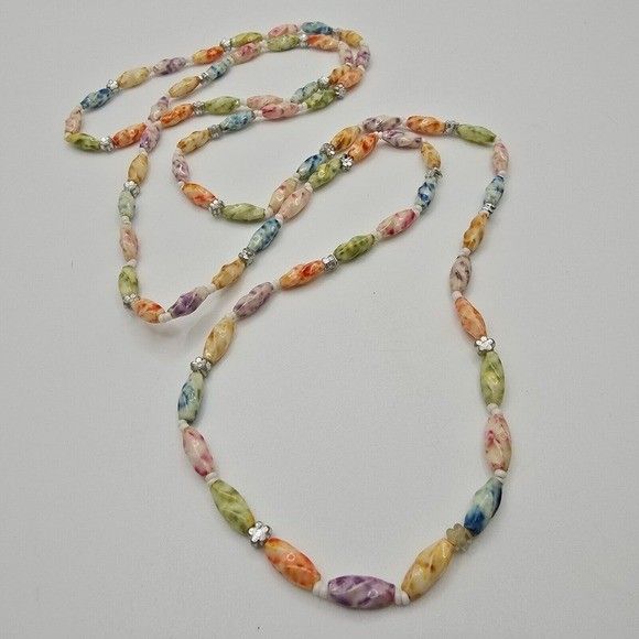 Colorful Marbled Twisted Bead Necklace Silver Tone Spacers Long Festival Boho

