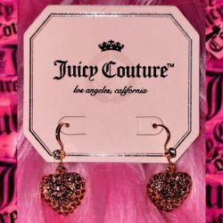 👑 New Beautiful Girly Juicy Couture Gold Heart Charm Earrings with Pink Rhinestones Bling 👑
