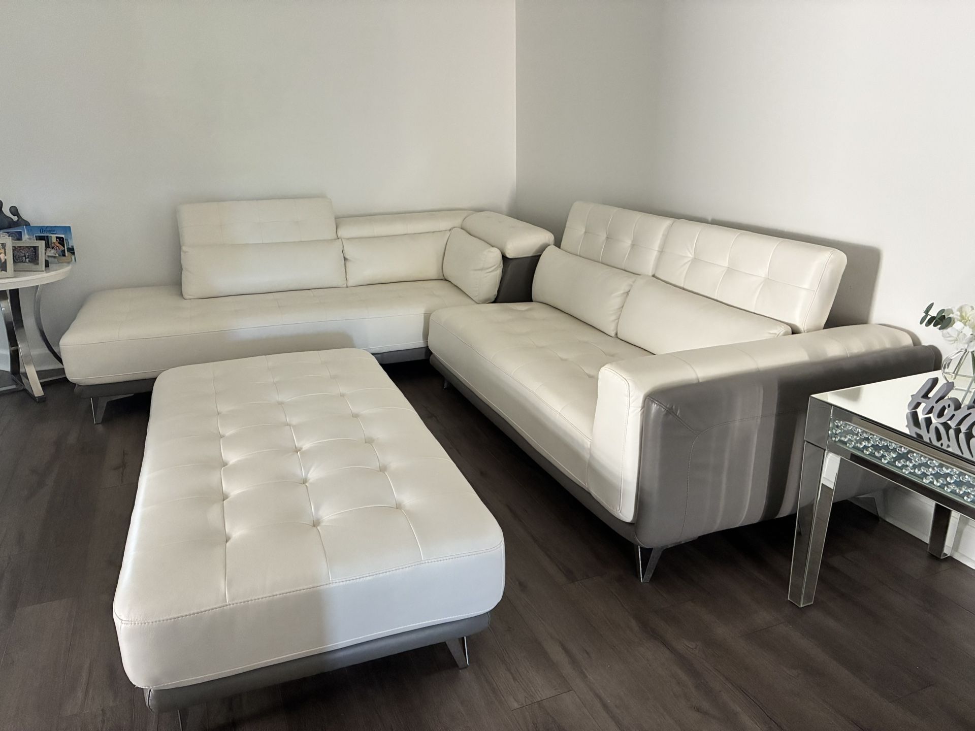 Leather Sofas, Ottoman, Glass Table, and Mirror 
