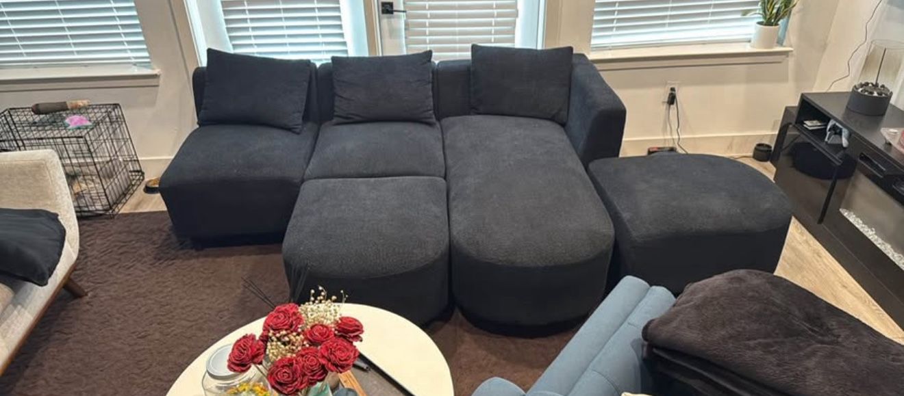 Modular Sectional Sofa, Boucle L-Shaped Couch with Right Facing Chaise, Ottoman & Pillows