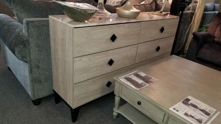 BRAND NEW GRAY DRESSER WITH MARBLE TOP (62" x 15" x 35"H)