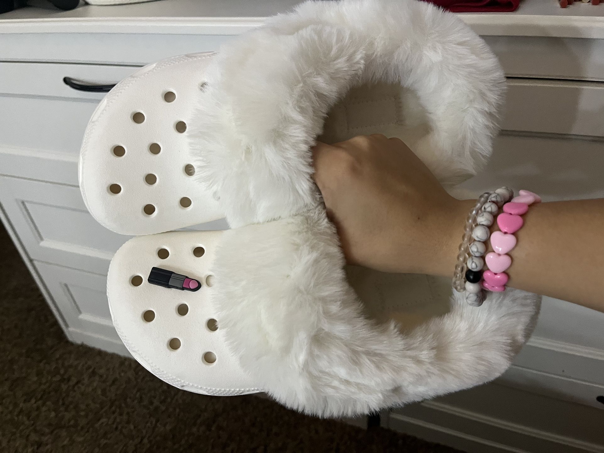 white fur crocs