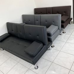 (New) $155 Futon Folding Sofa Bed 65x30x31” PU Leather w/ Cup Holder 