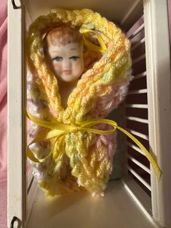 Vintage Bisque Doll with Wooden DropSide Crib