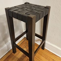 Vintage Real Black Leather Strap Weave Counter Height Bar Stool