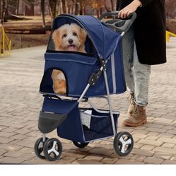 Wheels Pet Stroller, Foldable Dog Cat Cage Jogger Stroller with Weather Cover for All-Season, Storage Basket and Cup Holder