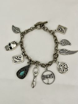 Pagan Wiccan Gothic Charm Handmade Bracelet On Silver Tone Vintage Chain